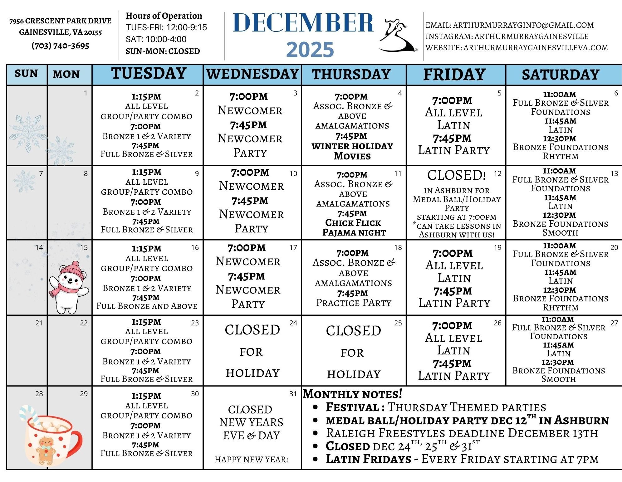 DECEMBER CALENDAR GAINESVILLE 2025