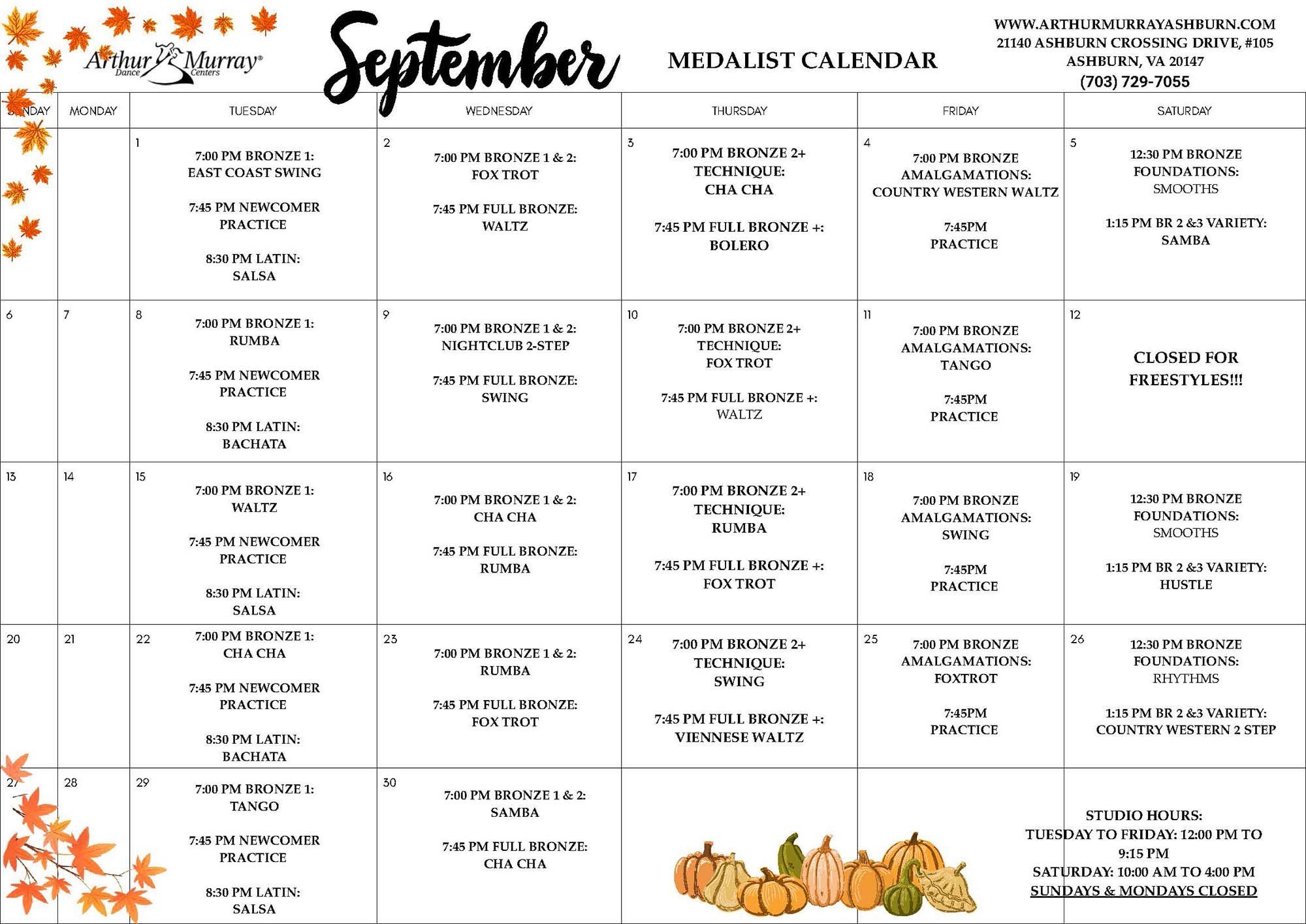 2026 September Medalist Calendar - Ashburn