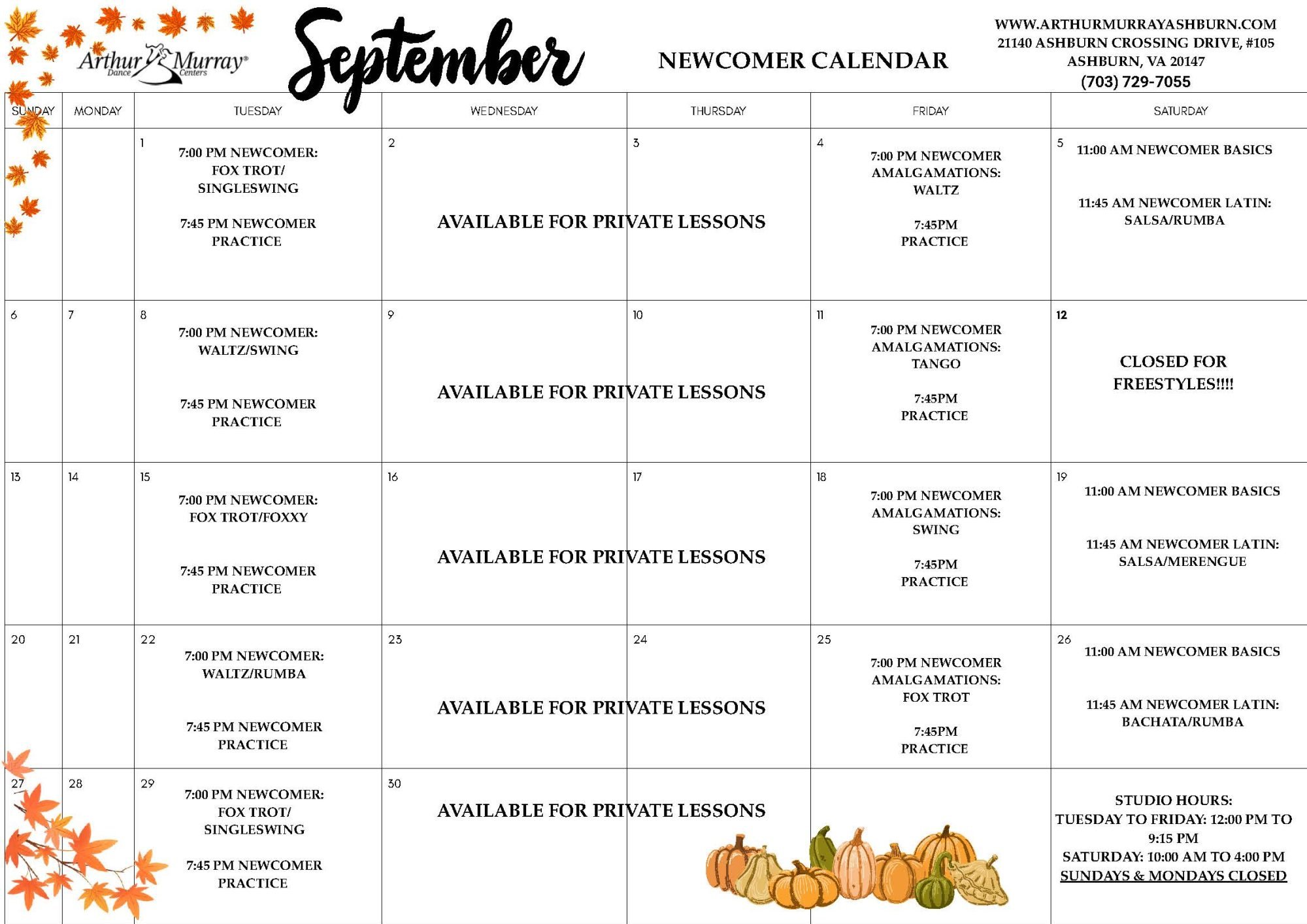 2026 September Newcomer Calendar - Ashburn